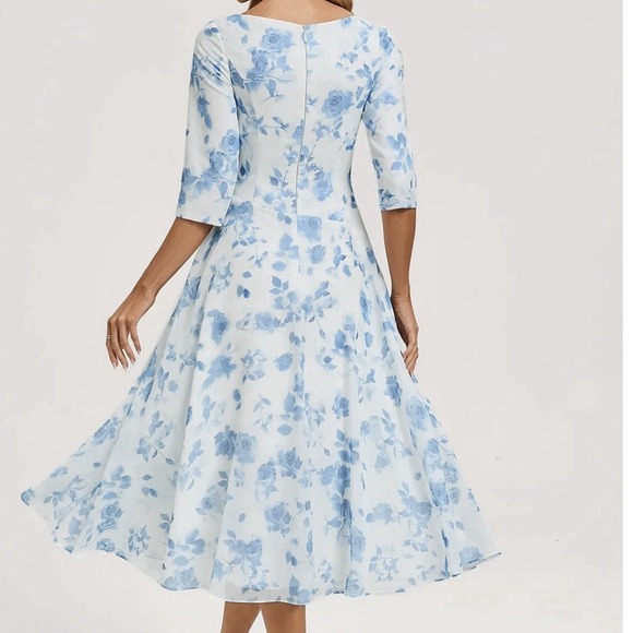 JJ's House A-Line Pleated Chiffon Dress Size US 10 -Anahita White/Blue Floral - Picture 2 of 10